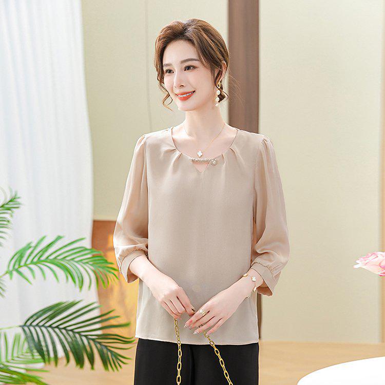 Elegant Chiffon Blouse for Middle-Aged and Elderly Women, 3/4 Sleeves, Comfortable, Versatile, Slimming Design