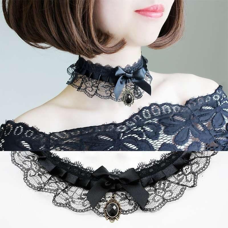 Gargantilha Lolita para Meninas com Pingente de Coração de Amor em Renda e Pedras, Correntes de Colar para Cosplay, Acessórios de Joias Dançantes para Festa de Casamento