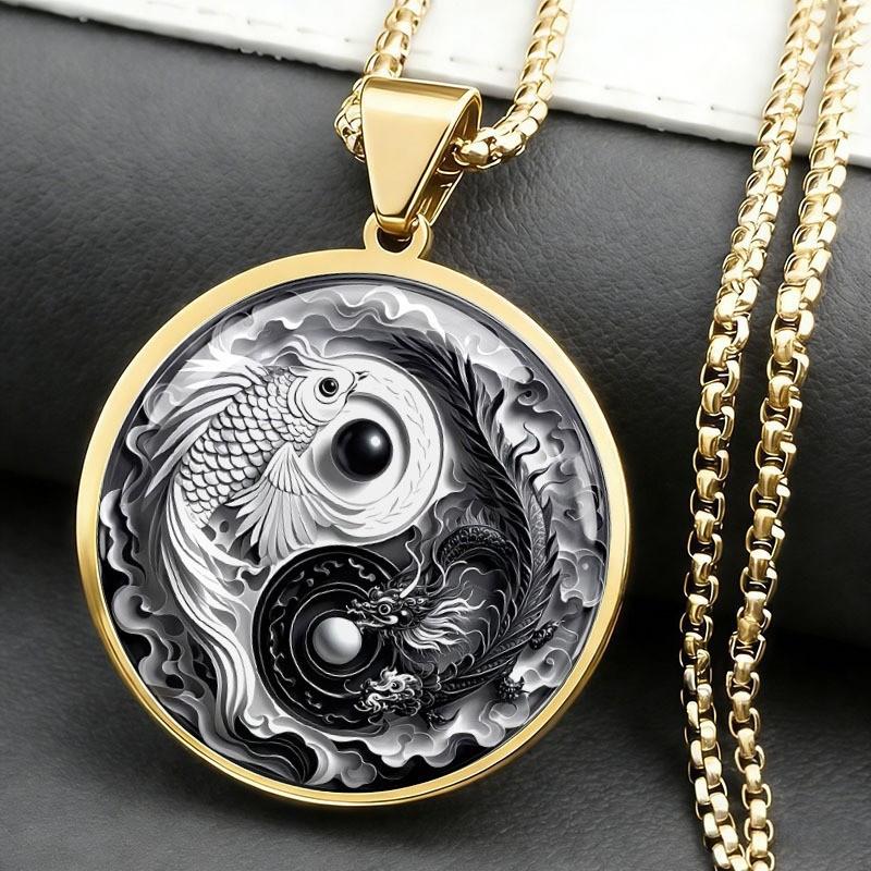 Collana Pendente Uomo Tai Chi Yin Yang Carpa Ferro Moda Elementi di Moda