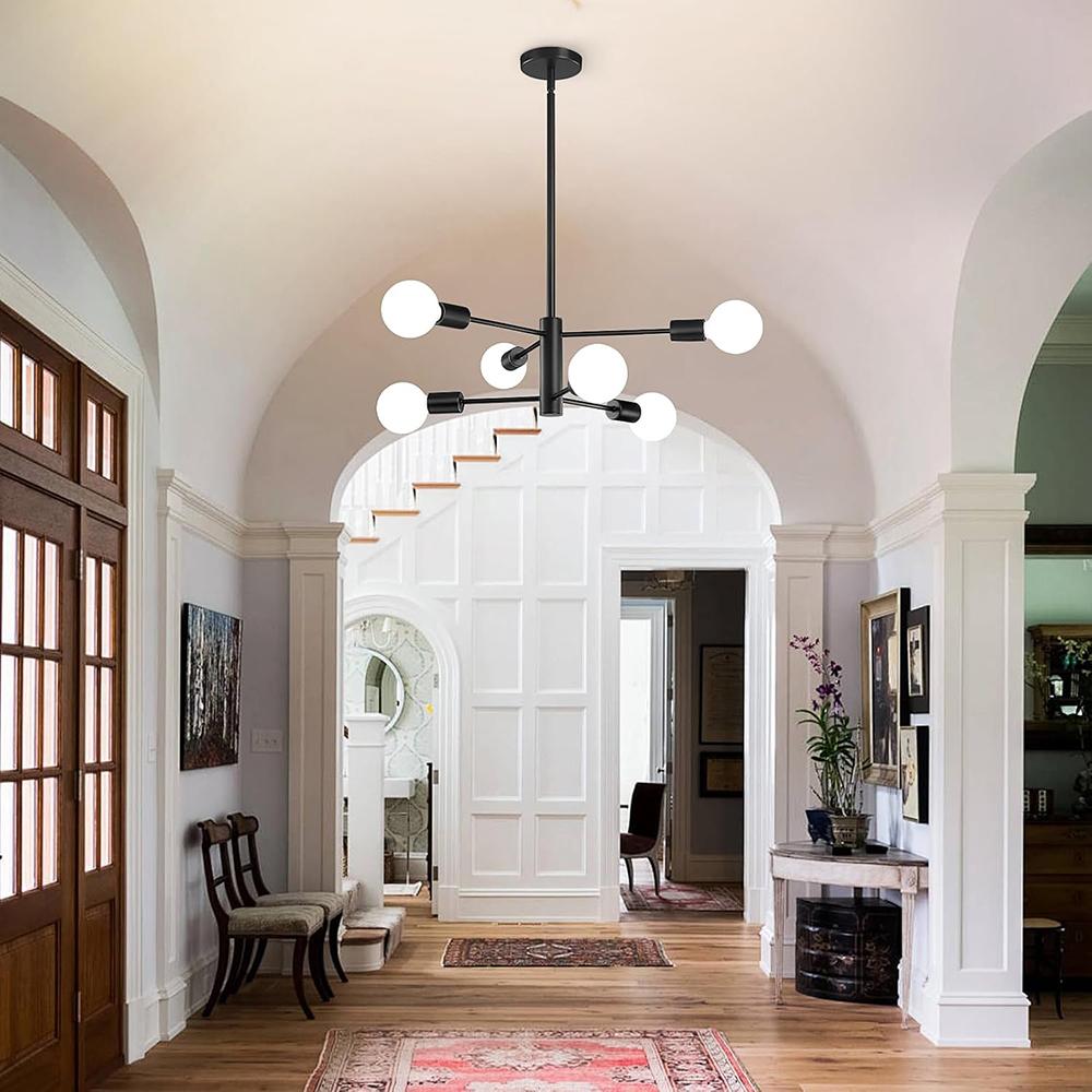 Modern Sputnik Chandeliers Light, 6-Light Black Chandeliers for Dining Room, Height Adjustable Ceiling Lights Farmhouse Chandelier for Kitchen Island