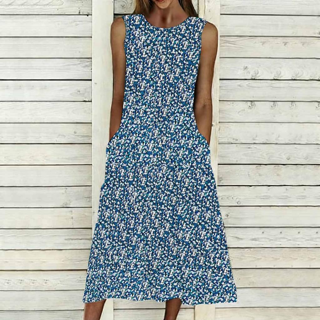 Plus Size Women Sleeveless Crew Neck Dress Beautiful Flower Printed Loose Long Dress For Summer Street Wear