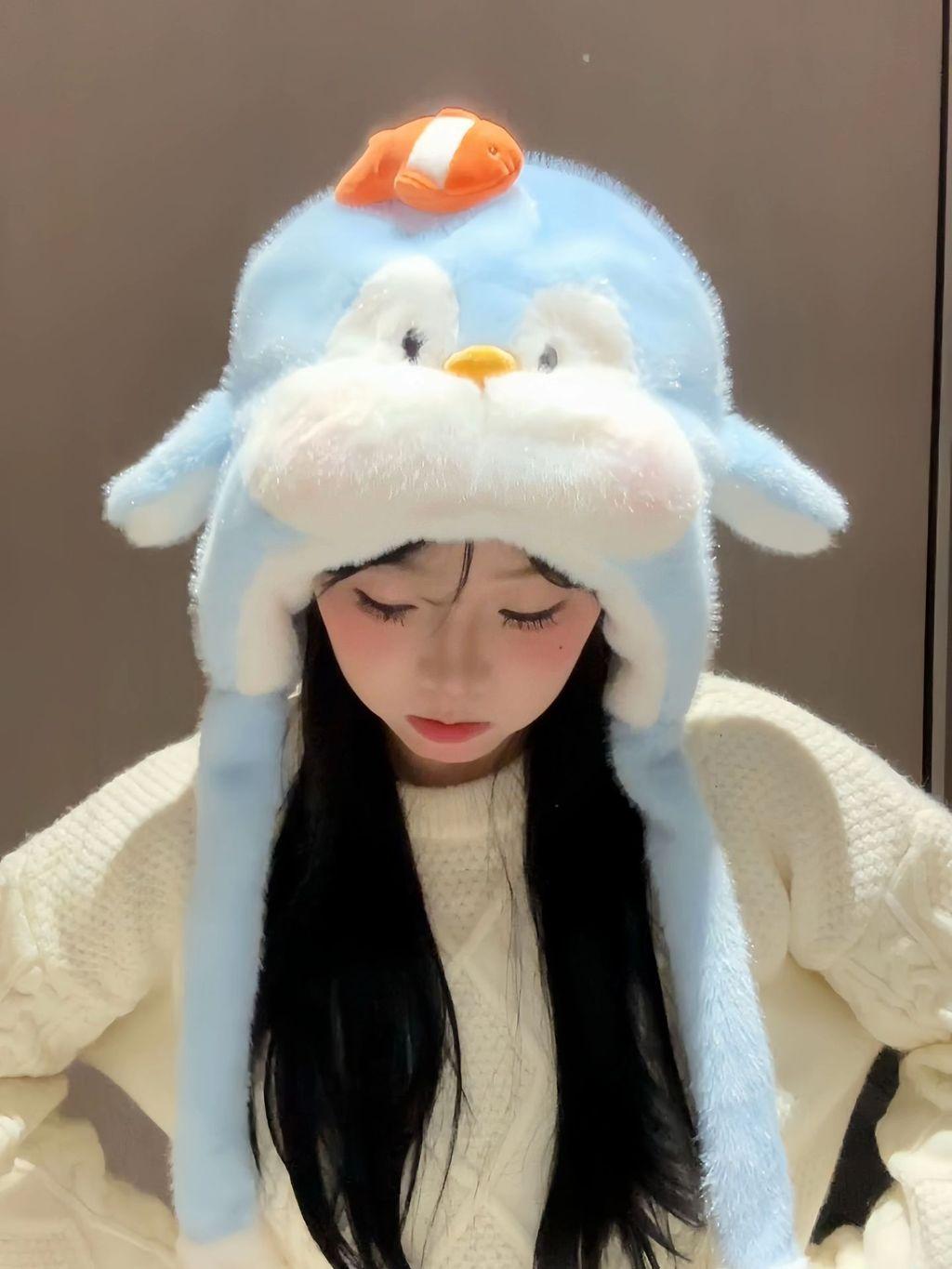 Cute Animal Plush Beanie Cap For Girls With Non Slip Sole And Thermal Comfort синий