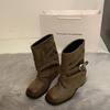 Trendy fine new gray short boots women's polished thick heel belt buckle loose pleated pile boots