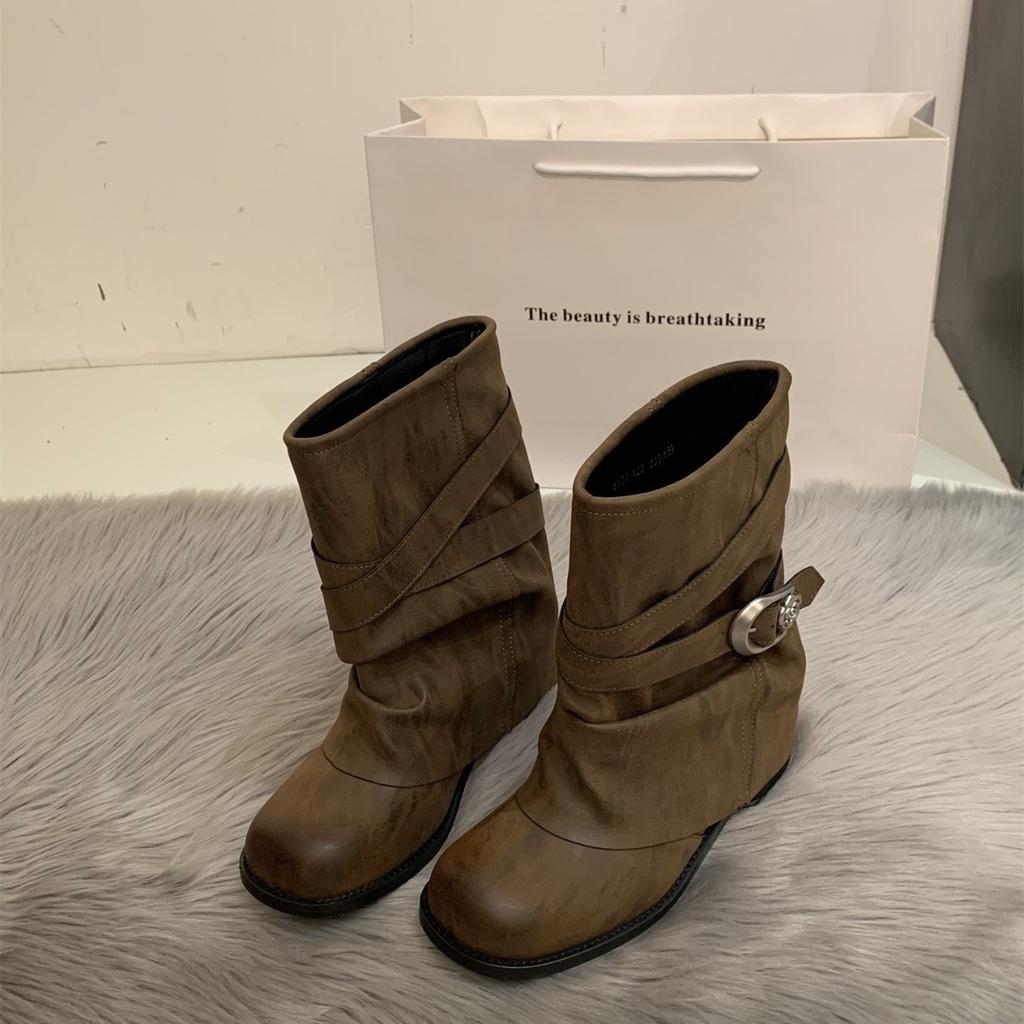 Trendy fine new gray short boots women's polished thick heel belt buckle loose pleated pile boots