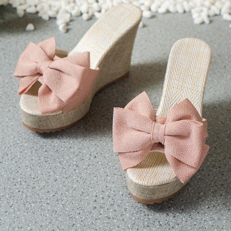 Fashion Heel Bow Summer Slippers Comfortable and Elegant Thick-soled Women's Shoes Large Size Sweet Women's High-heeled Slippers Slope