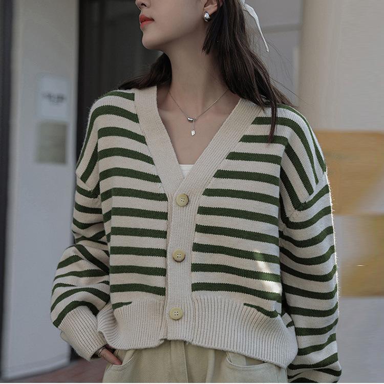 QICED Loose Casual Striped Knit Cardigan Women Autumn and Winter Lazy Short Sweater Coat Cardigan