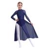 Girls Lyrical Dance Dress Shiny Rhinestones Sheer Mesh Patchwork Keyhole Back Long Sleeve Leotard