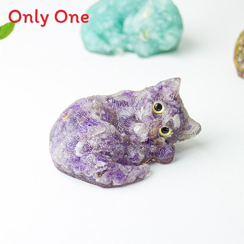 Resin Filled Natural Crystal Sleeping Cat Decor With Gift Box For Home Office Display