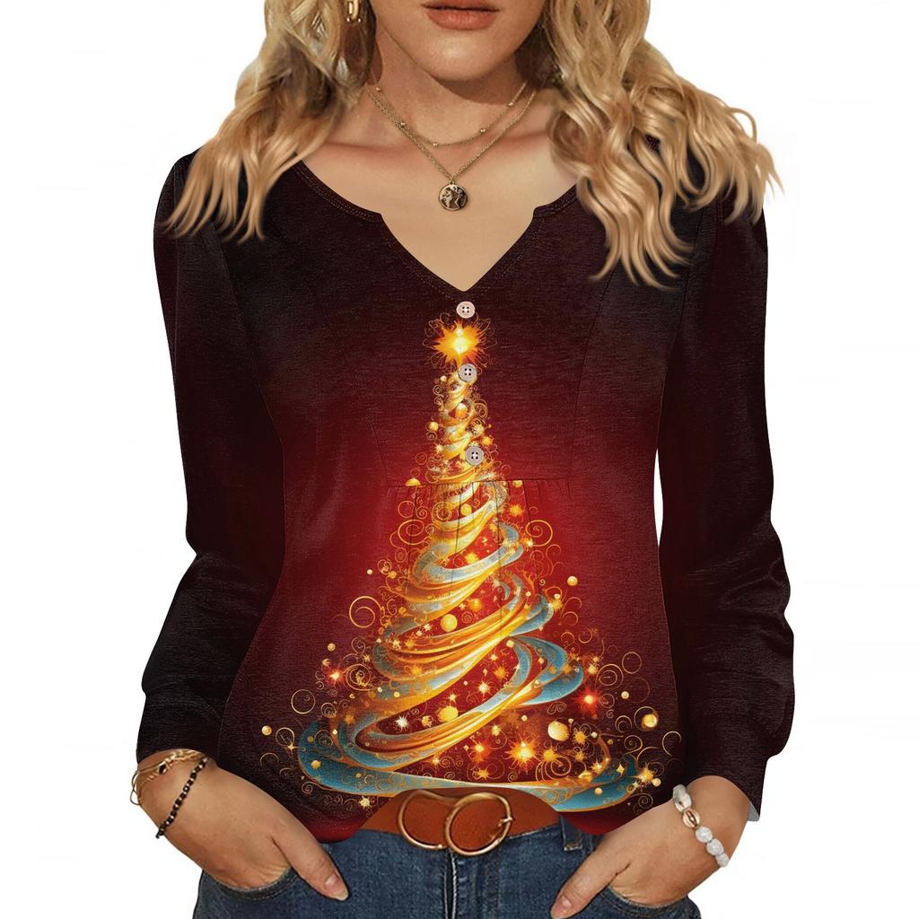 Dámská módní ležérní halenka s výstřihem do V, knoflíky, vánoční potisk, s dlouhým rukávem, pulovr, tričko, top