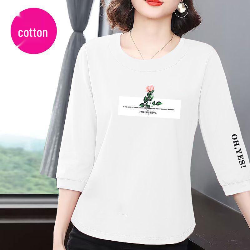 Premium Women's Cotton Seven-Sleeve T-Shirt - Korean Style, Summer 2025, Casual Loose Fit, Belly-Covering, Slimming, Versatile Top