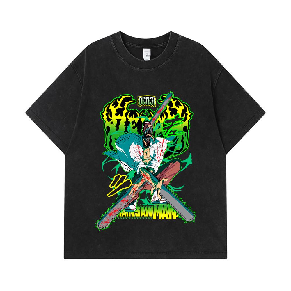 275 GSM Washed T-shirts 100% Cotton Chainsaw Man V36 Denji Pochita Print Unisex Heavy Cotton T Shirt
