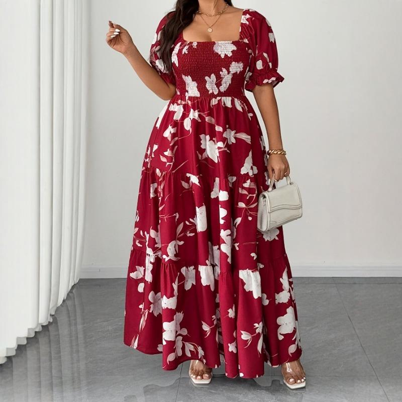 Women Plus Size Square Neck Printed Waist Cinched Casual Midi Dress 0XL красный