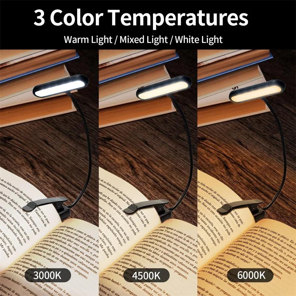 LED Rechargeable Book Light for Reading in Bed Eye Caring 3 Colors,Stepless Dimmable,Lightweight Clip on Light for Book Lovers