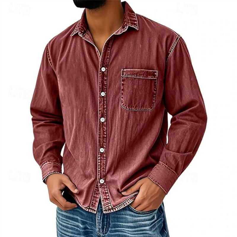 Spring Autumn Men's Denim Shirts Safari Style Vintage Long Sleeve Cotton Solid Casual Shirt
