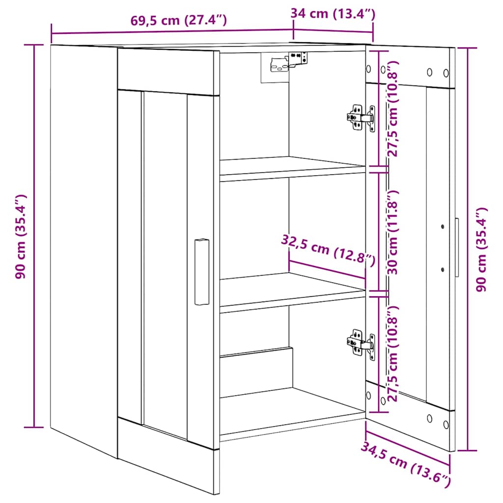 Wall Mounted Cabinet Black Oak Effect 69.5 X 34 X 90 Cm