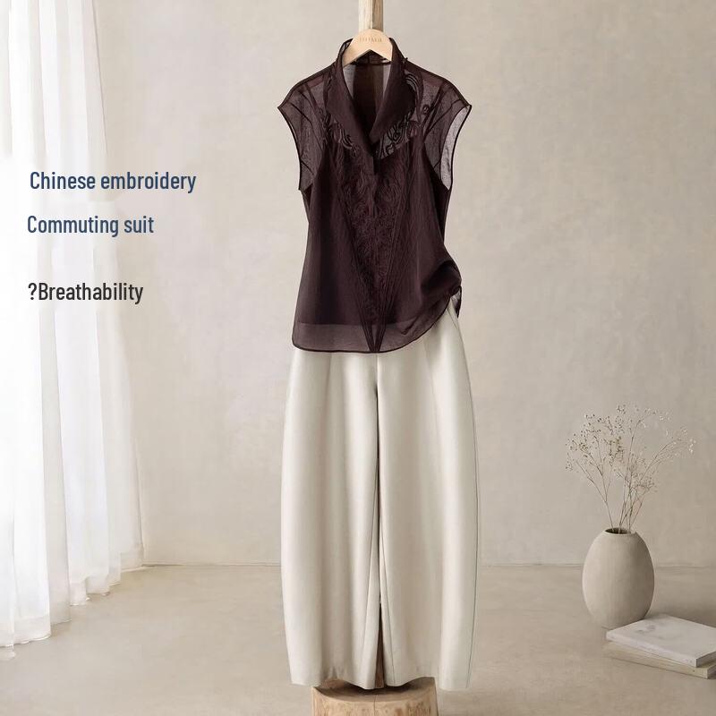 IHIMI Women s New Chinese Style Embroidered Lapel Shirt & Pants Set M