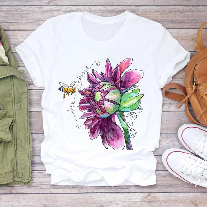 Summer Round Neck Floral Print Top Fashionable Casual Short Sleeved Women's Pure Cotton T-shirts