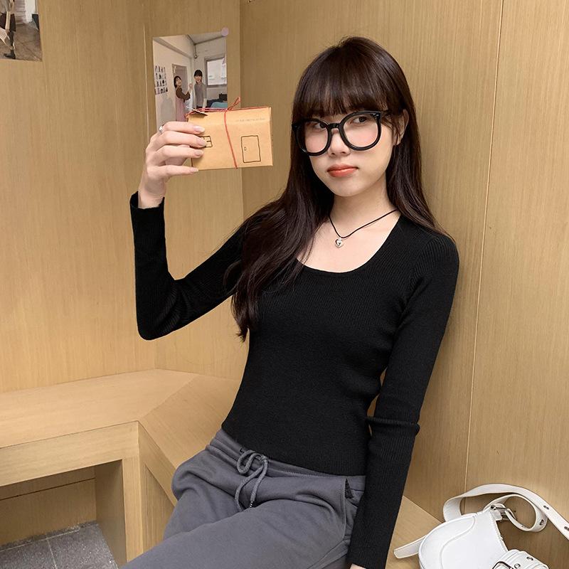 Tricou tricotat cu mâneci lungi pentru femei, nou de primăvară, slim-fit, culoare uni, cu guler U, cămașă de bază cu haine casual