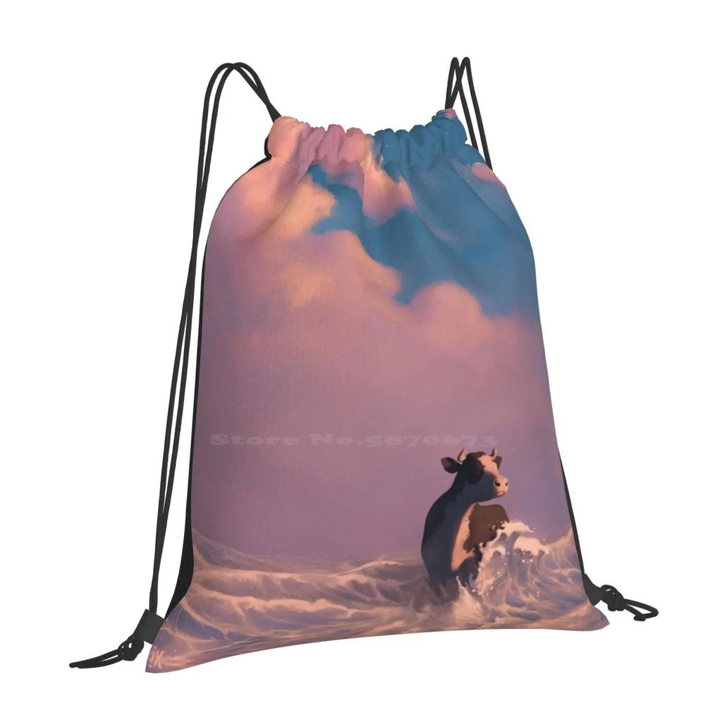 Acats 2 : Ocean Walker New Arrivals Unisex Bags Student Bag Backpack Cow Ocean Sea Waves Surf Beach Clouds Sunset Sunrise Pink
