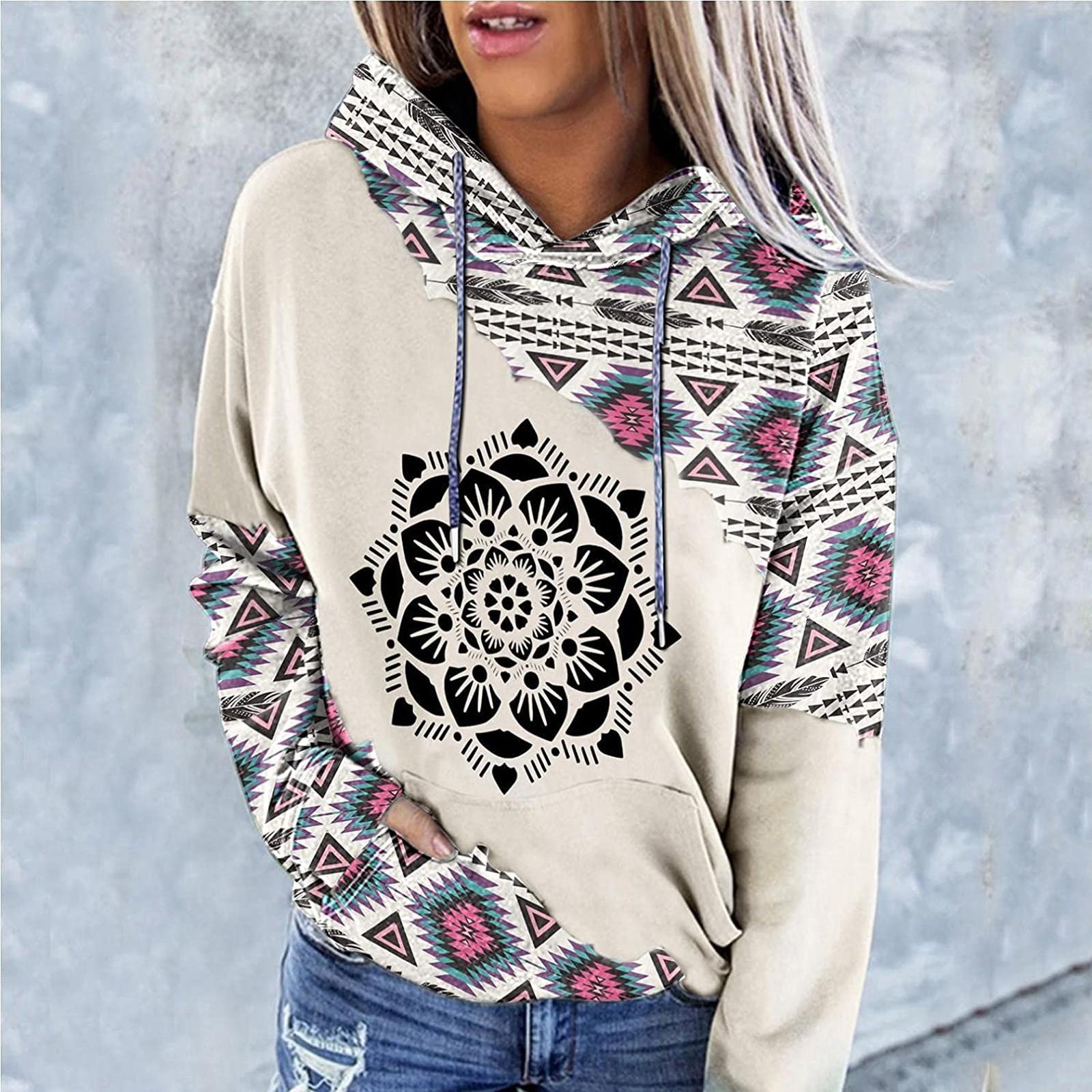 Women s Aztec Hoodie Geometric Pattern Long Sleeve Colour Block Pullover Drawstring Sweatshirt M