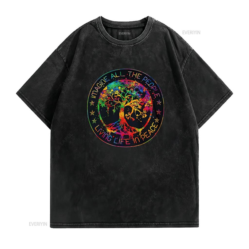 Mens All The People Imagine Living Life In Peace Hippie Tie Dye T Shirt White Small Vintage Washed Slightly Homme Unisex