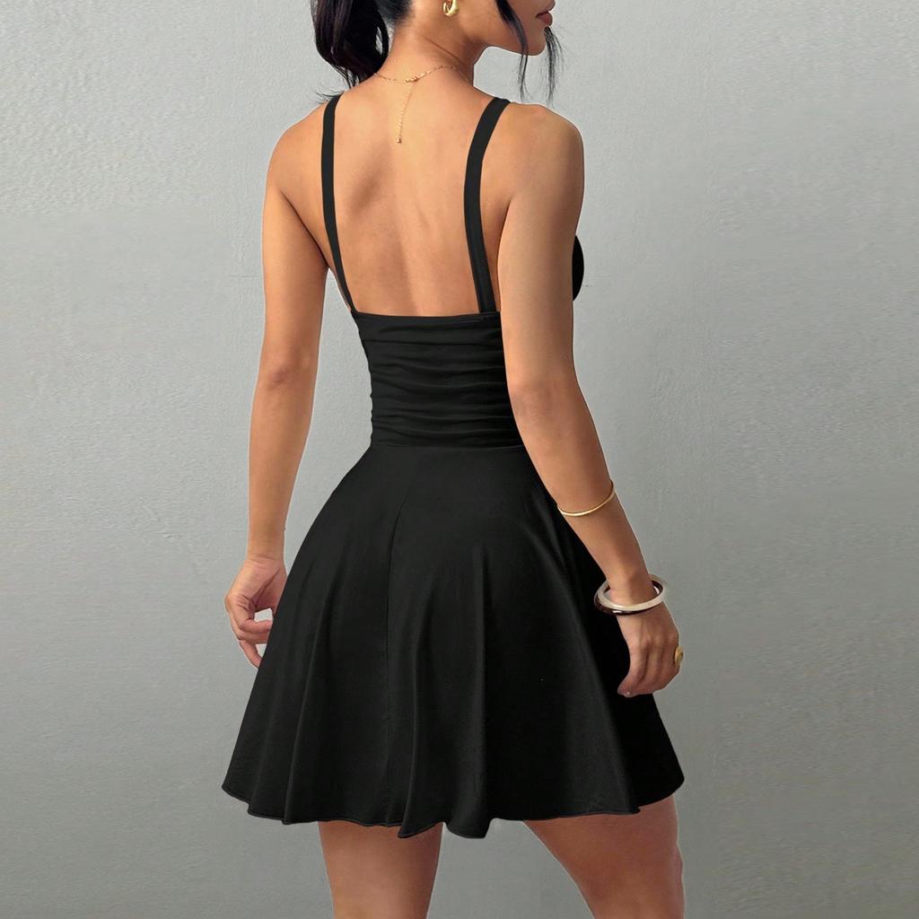 Women V Neck Spaghetti Strap Dress Sleeveless Fitted Bodice Flared Skirt Mini Length Elegant Party Wear for Summer