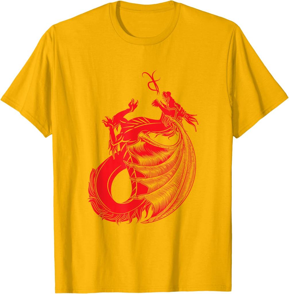 Red Mythical Dragon Graphic Print Cotton Crew Neck TShirt Casual Short Sleeve Tee for Men