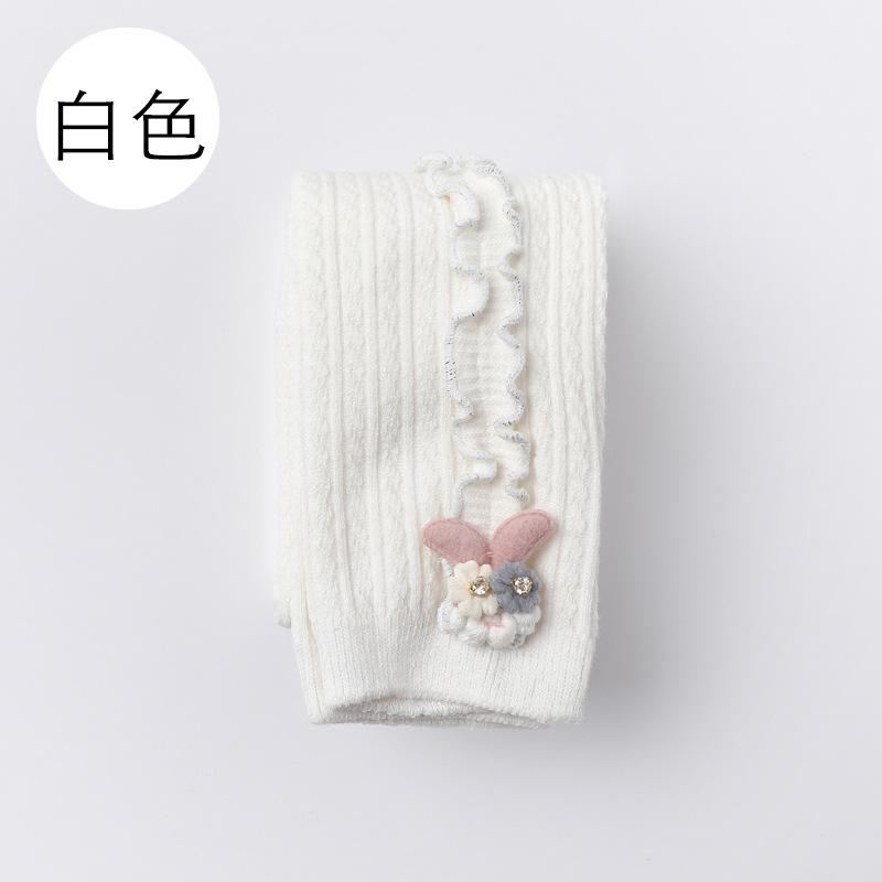 Girls Stretchy Leggings for Spring and Autumn Children Casual Full Length Pants Elastic Waist Kids Bottoms with Decorative Knit Pattern and Applique