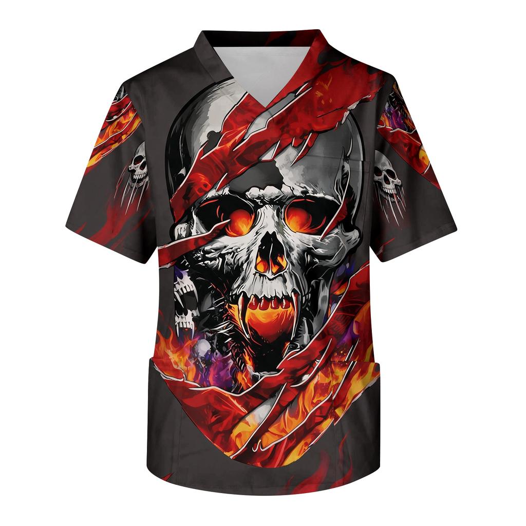 Men's V-Neck Short Sleeve Scrub Top with Print and Chest Pocket for Halloween