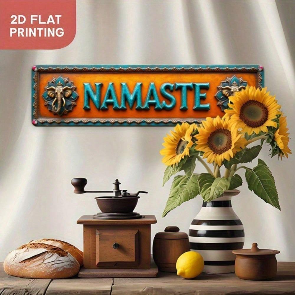 2D Flat Namaste Lotus Wall Decor, Orange Turquoise Metal Plaque Elephant Design, Yoga Studio Home Office Cafe Art, Pre-Drilled Lightweight Aluminum