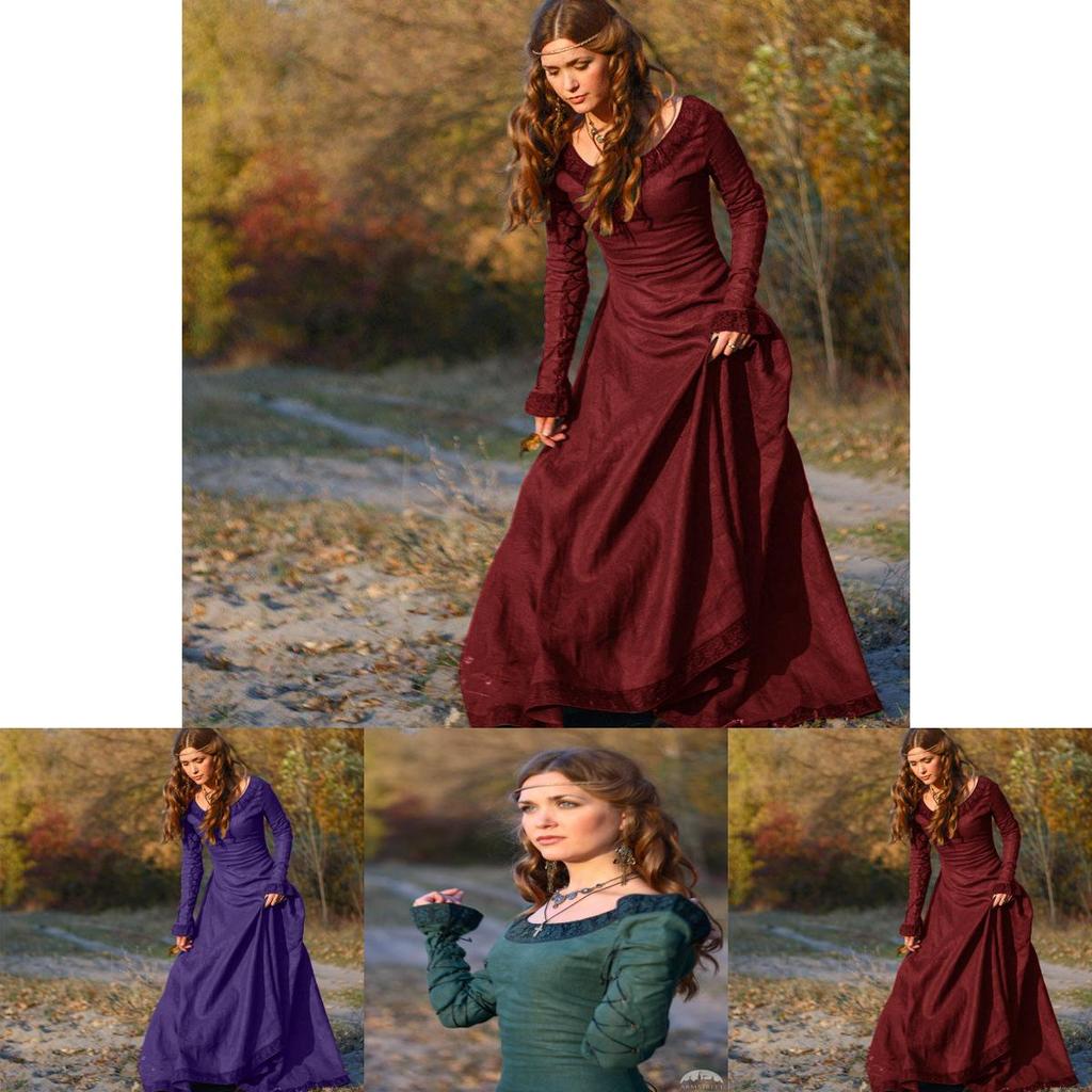 Stylish Long Sleeve Medieval Dress For Women Featuring Flared Sleeves For Halloween
