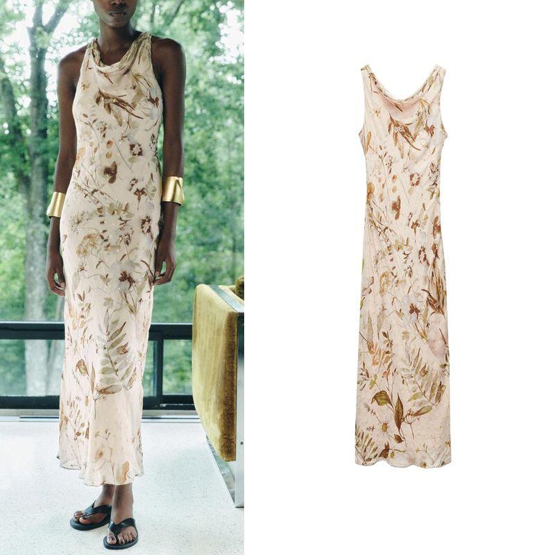 Spring New Arrival French Style Evening Long Dress Back Cross Design Print Hanging Collar Dress 5107247