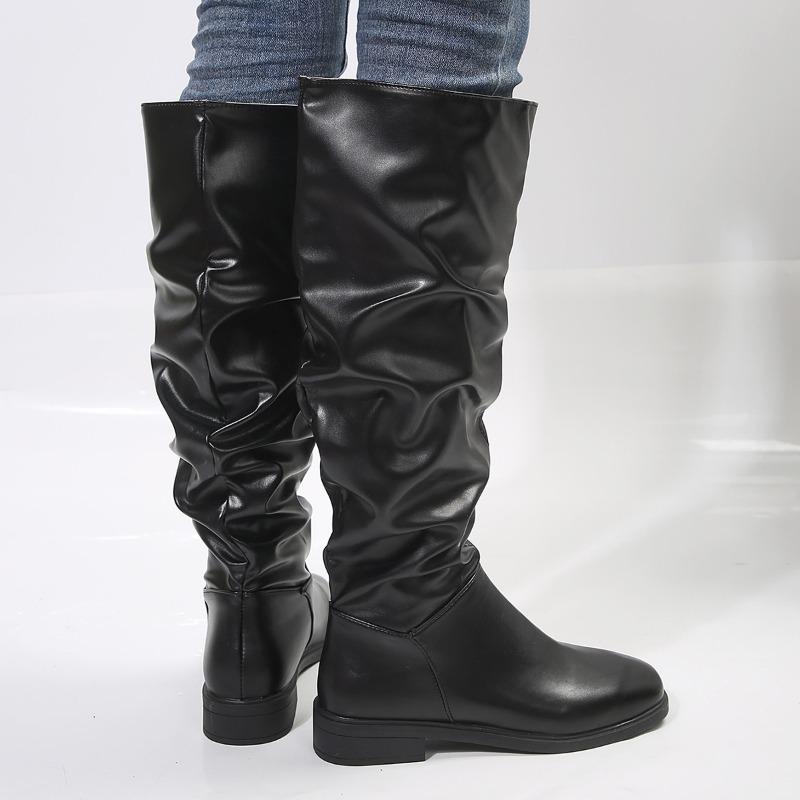 Women's Solid Color Comfortable Low Heels Fashion Pleated Knee-high Boots Round Head Square Heels Increase Large Size Women Shoe