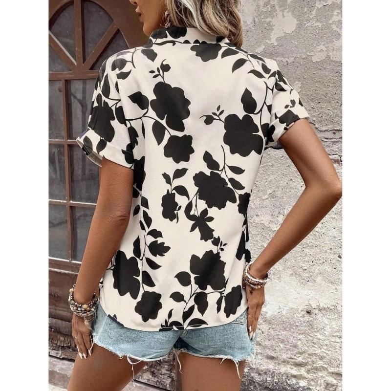 Fashion Floral Women's Shirt V-neck Bat Sleeve Shirt Casual Loose Fitting Shirt