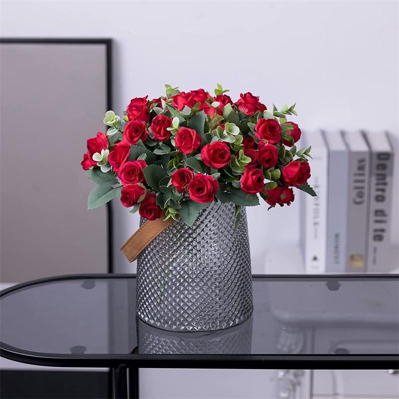 Artificial Flowers Bouquet White Red Rose Eucalyptus Leaves Wedding Decoration Peony Fake Flower For Party Home Decor Outdoor