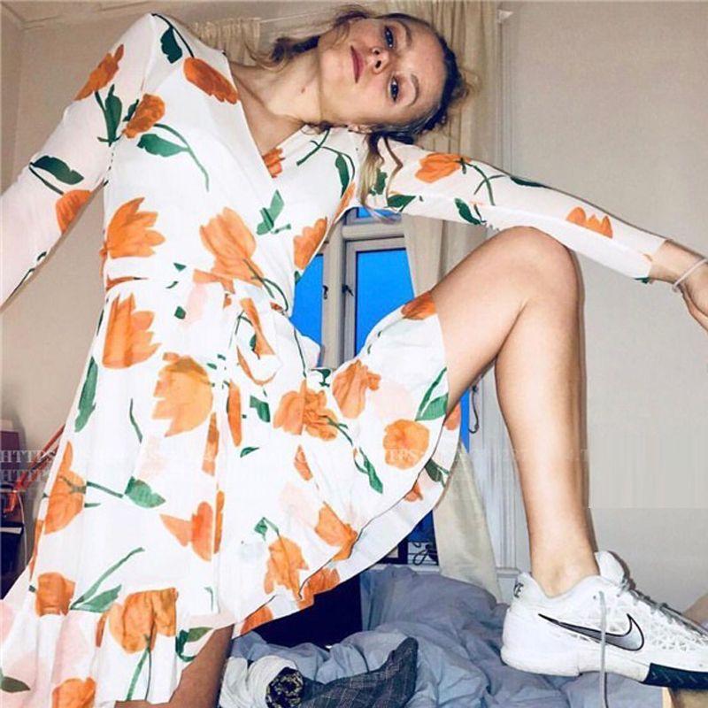 

Simple Chiffon Irregular V-neck 23 Summer Dress Tulip Print chiffon Shoelace Dress L