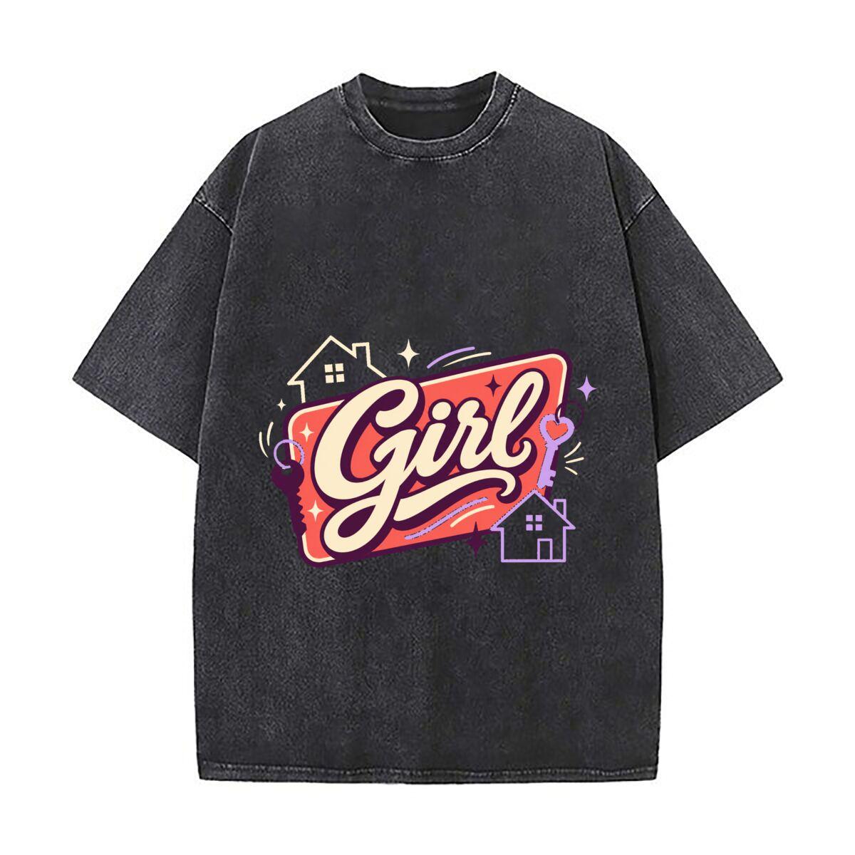 Playful Home Girl Script Badge Vintage Distressed Washed Cotton Short Sleeve Streetwear Outfit M