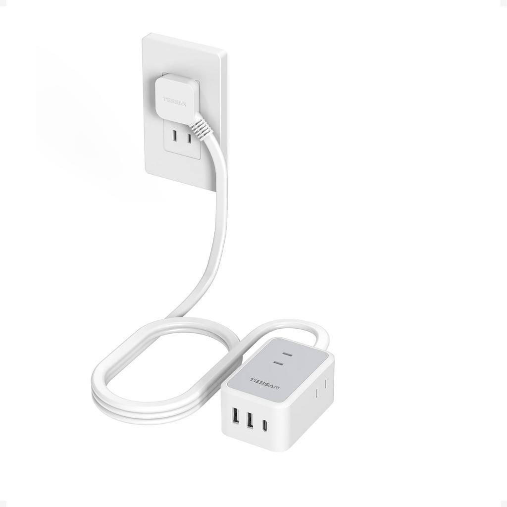 TESSAN 2m Slim Power and Outlet 3 1 and 2 Power Fits In Tethered Wires and Gap Areas Strip, USB, Strip, AC, Type-C, Type-A Cords,