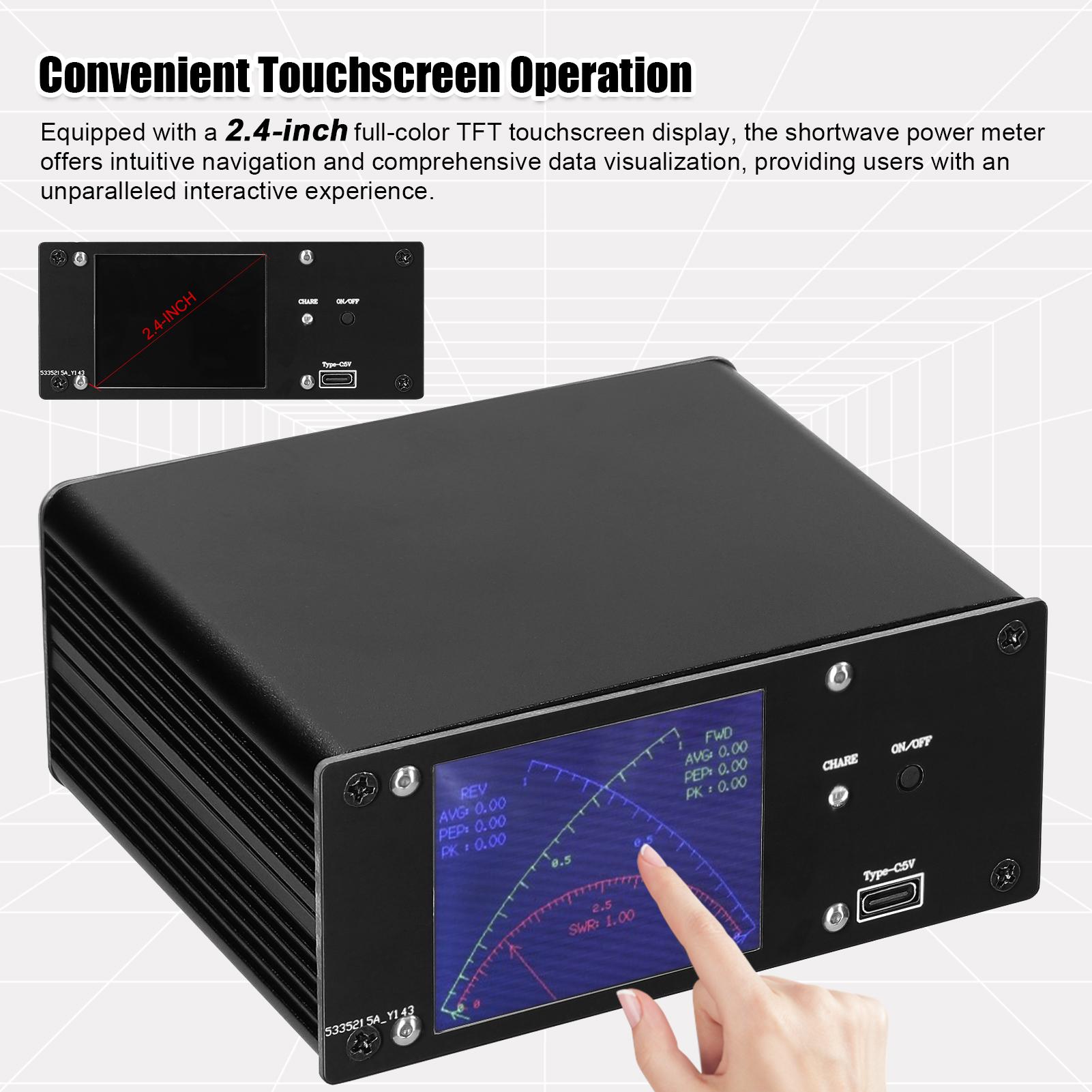 

Full Touchscreen Shortwave Power Meter Portable Standing-waves Meter with Over Voltage Standing Waves Ratio Alarm Support Time Adjustment Function