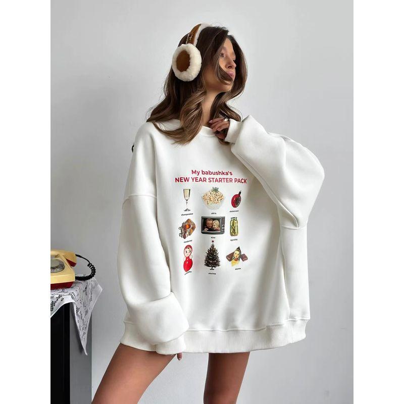 

Fashion Style New Fashion Casual Loose Long Sleeves round Neck Sweet Printed Sweatshirt Loose Printed Top White (thin) thin 3XL