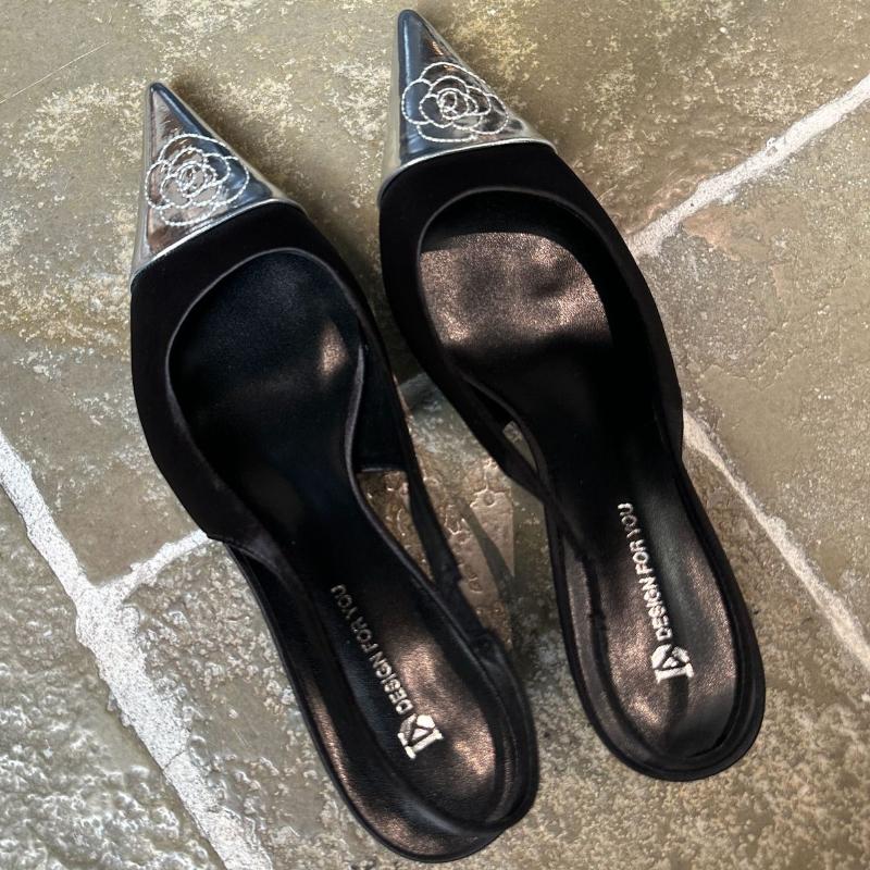 High Quality Pointed Toe Flower Women Sandal Shallow Back Strap Thin Heel Slide Sandals Summer Fashion Comfortable Designer Shoe