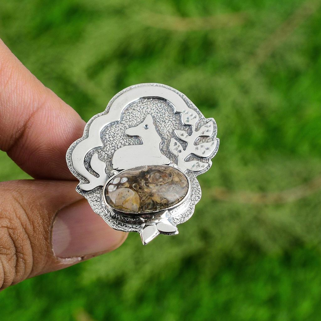 Sterling Silver Oval Turritella Agate Gemstone Solitaire Daughter Ethnic Ring