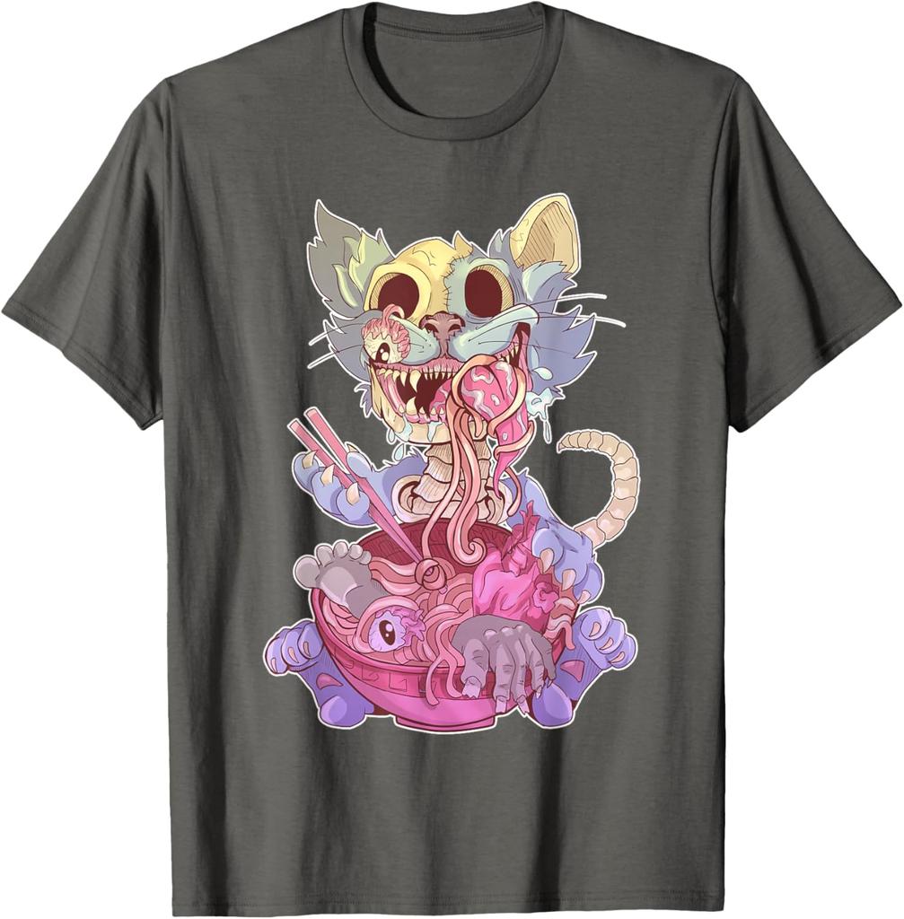 Zombie Cat Ramen Graphic Tee Kawaii Goth Weird Illustration T-Shirt For Men Casual