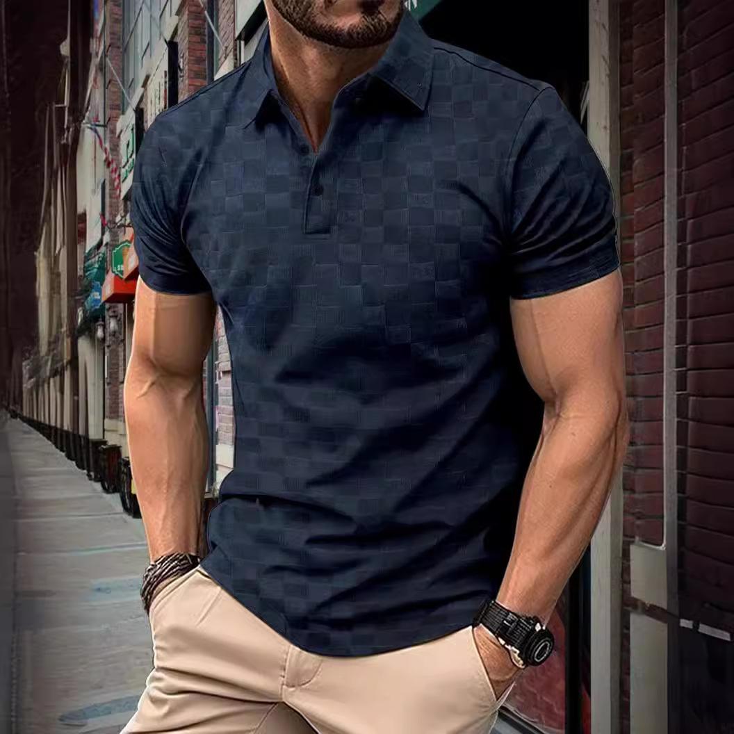 

2026 Summer Men s Ice Silk POLO Shirt Jacquard Check T-shirt Men s Fashion Casual Short Sleeve T-shirt Men s Tops 3XL темно-синього кольору