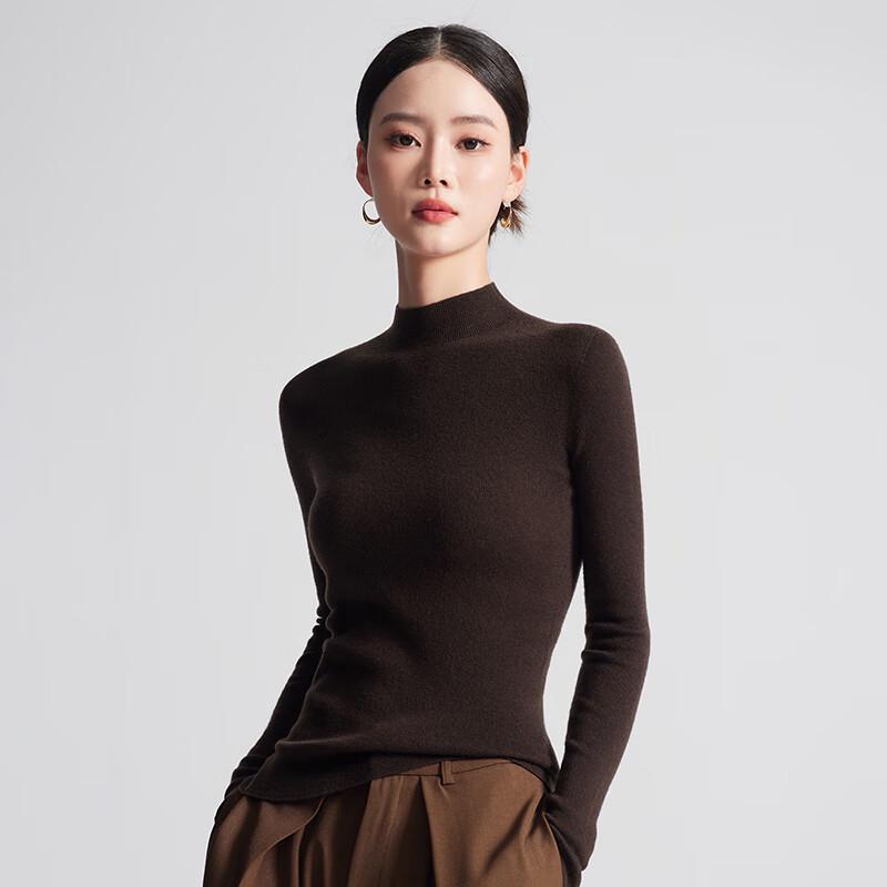 Women's 100% Pure Wool Semi-High Neck Slim-Fit Long Sleeve Sweater