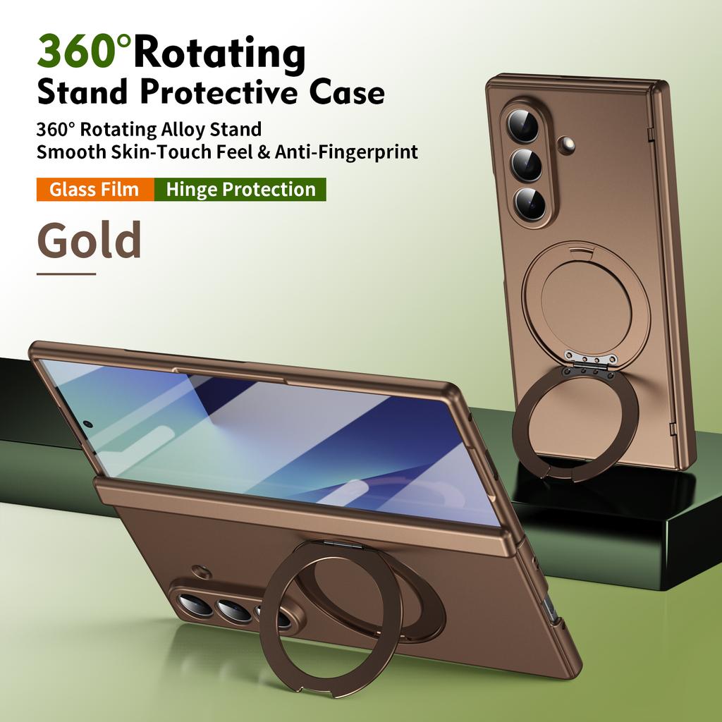 For Samsung Galaxy Z Fold 7 6 5 Phone Case with Tempered Glass, Rotating Magnetic Alloy Stand, Fingerprint Resistant