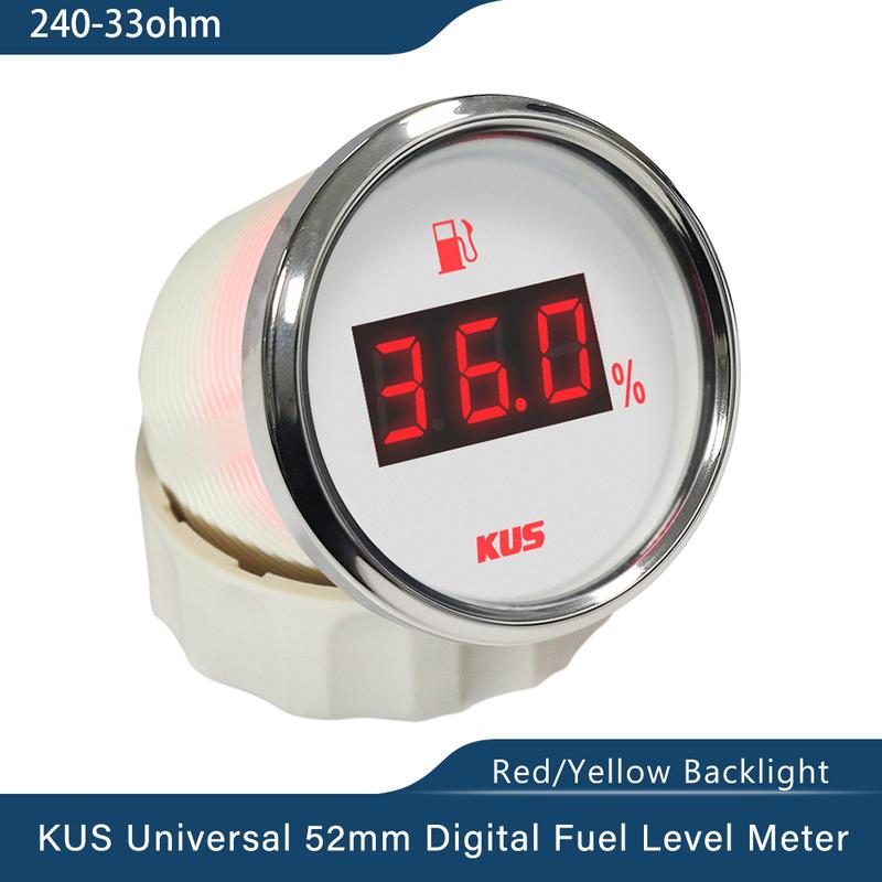 KUS New 52mm Auto Marine Fuel Oil Level Gauge Meter 0-190 ohm 240-33ohm with Red Yellow Backlight 12V/24V for Car Boat