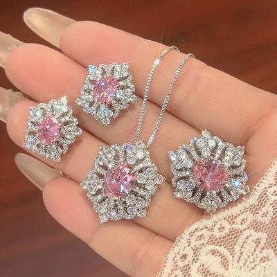 Jewelry Set Accessories Stud Earrings Necklace Ring Pink Zirconium Premium Sensitive Women