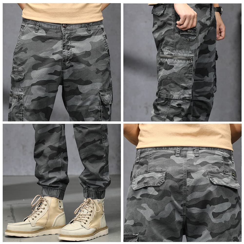 Hisokamoro Men's Camouflage Cargo Pants, Long Work Pants, Camouflage Tactical Pants, Army Style, Cotton, Slim Fit, Gray, BL0729-A656GRAY-29