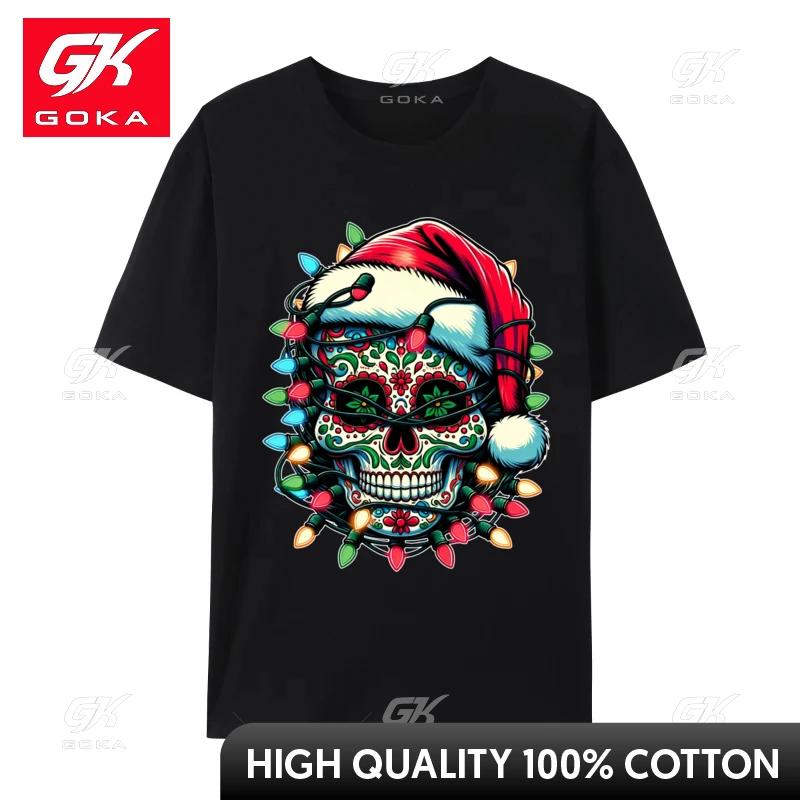 

Christmas Sugar Skull Santa Hat Lights Day of The Dead XMas Tshirts Unisex Tee Tops Cotton Oversized T Shirt Unisex Clothes 4XL